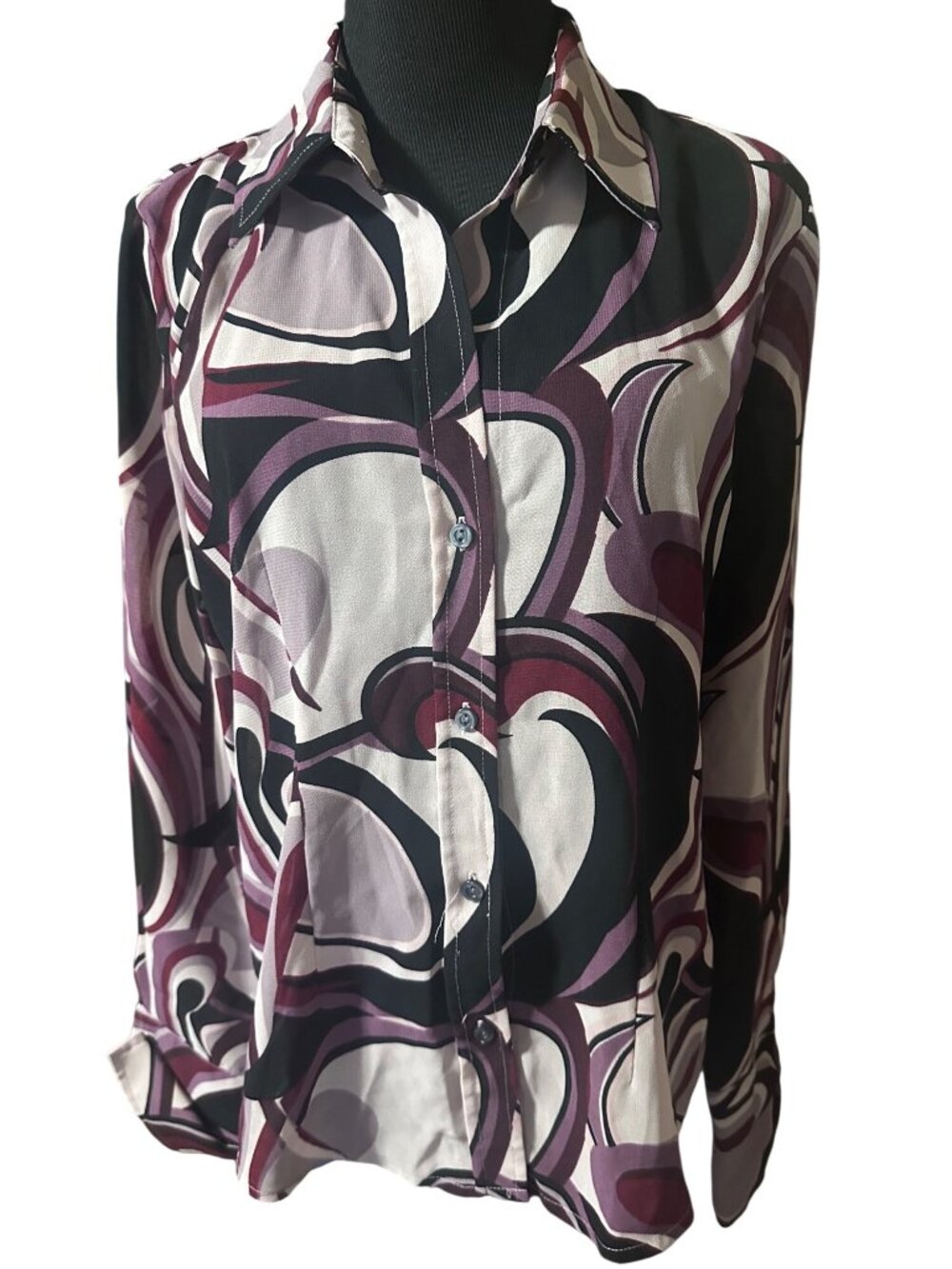 New York & Co tan black and purple geometric print button up top size M